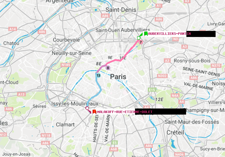 plan itinéraire ratp de Aubervilliers Pantin (4 Chemins) à Malakoff-Rue Etienne Dolet
