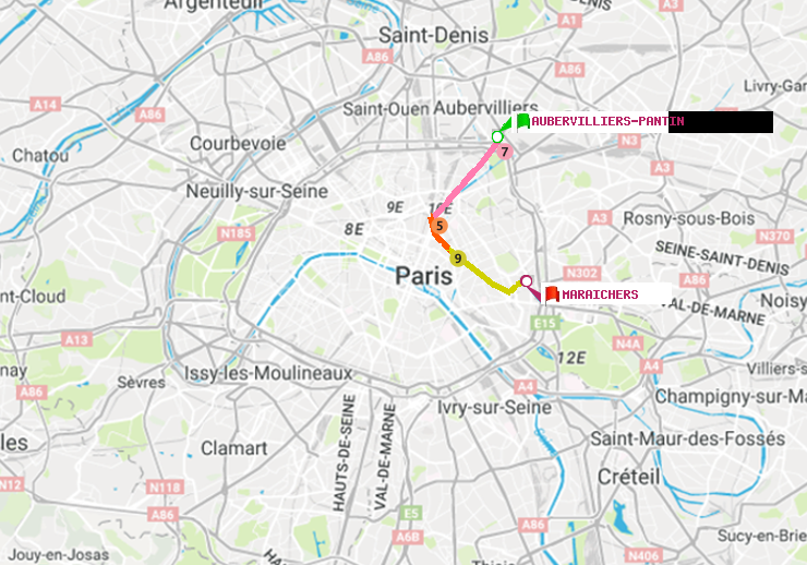 plan itinéraire ratp de Aubervilliers Pantin (4 Chemins) à Maraichers