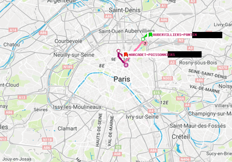 plan itinéraire ratp de Aubervilliers Pantin (4 Chemins) à Marcadet-Poissonniers