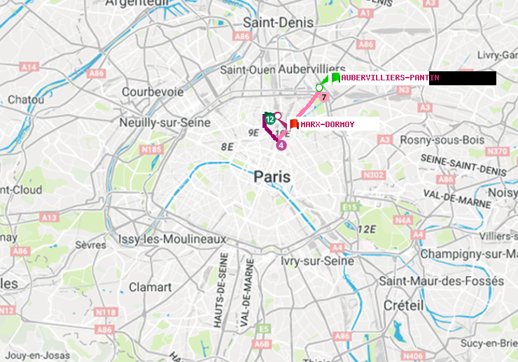 plan itinéraire ratp de Aubervilliers Pantin (4 Chemins) à Marx-Dormoy