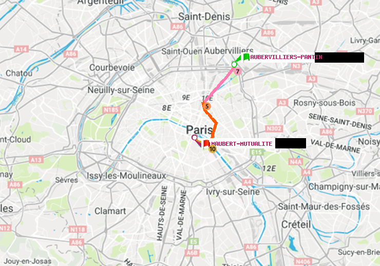plan itinéraire ratp de Aubervilliers Pantin (4 Chemins) à Maubert-Mutualité