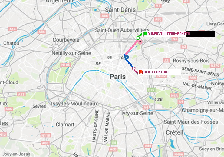 plan itinéraire ratp de Aubervilliers Pantin (4 Chemins) à Ménilmontant