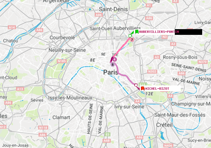 plan itinéraire ratp de Aubervilliers Pantin (4 Chemins) à Michel Bizot