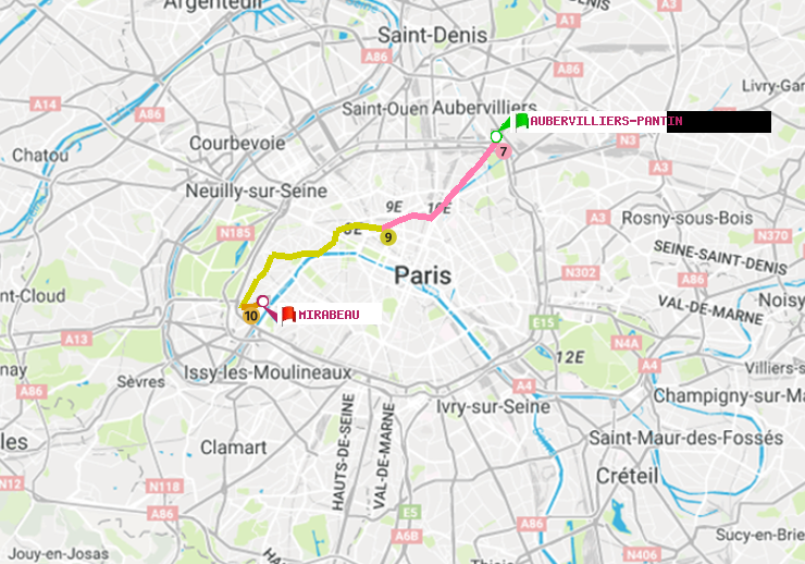 plan itinéraire ratp de Aubervilliers Pantin (4 Chemins) à Mirabeau