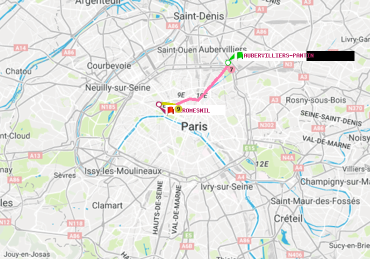 plan itinéraire ratp de Aubervilliers Pantin (4 Chemins) à Miromesnil