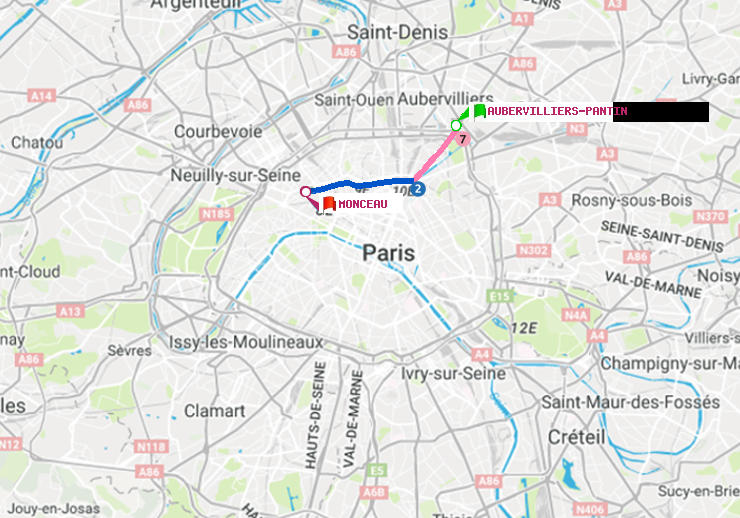 plan itinéraire ratp de Aubervilliers Pantin (4 Chemins) à Monceau
