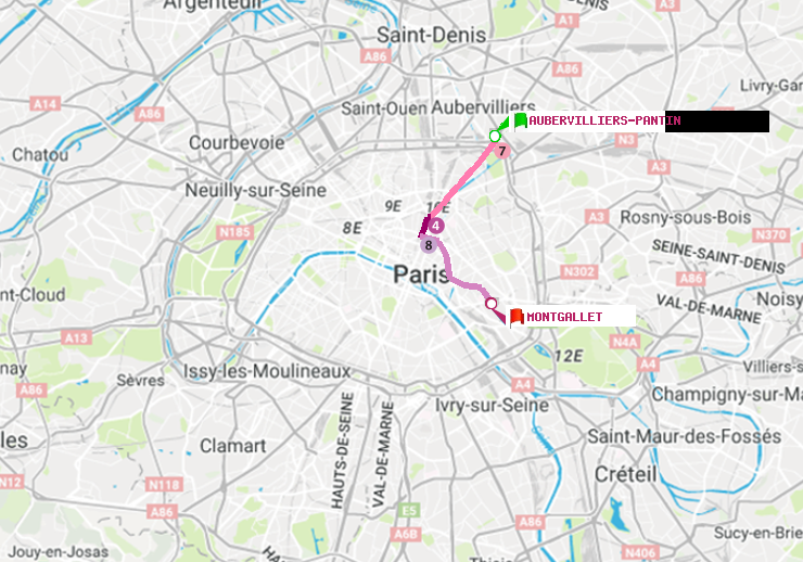 plan itinéraire ratp de Aubervilliers Pantin (4 Chemins) à Montgallet