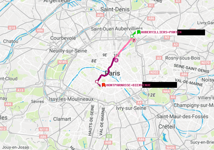 plan itinéraire ratp de Aubervilliers Pantin (4 Chemins) à Montparnasse-Bienvenue