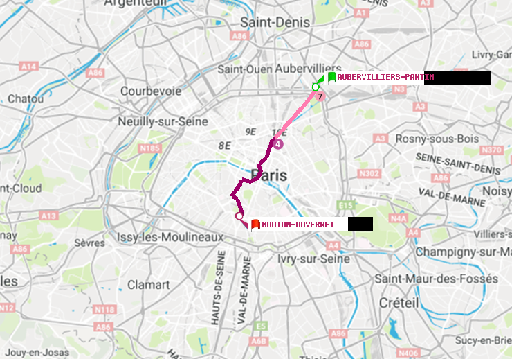 plan itinéraire ratp de Aubervilliers Pantin (4 Chemins) à Mouton-Duvernet
