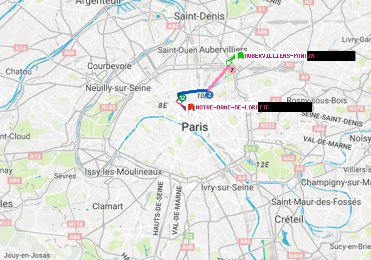 plan itinéraire ratp de Aubervilliers Pantin (4 Chemins) à Notre-Dame de Lorette