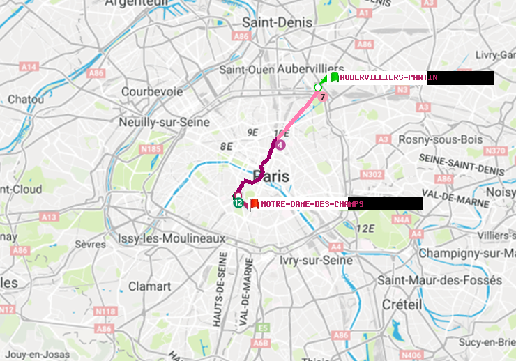 plan itinéraire ratp de Aubervilliers Pantin (4 Chemins) à Notre-Dame des Champs