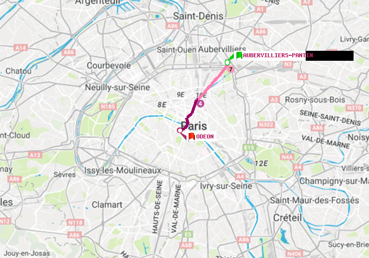 plan itinéraire ratp de Aubervilliers Pantin (4 Chemins) à Odéon