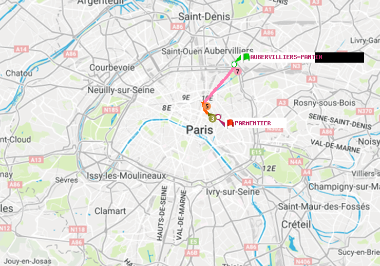 plan itinéraire ratp de Aubervilliers Pantin (4 Chemins) à Parmentier