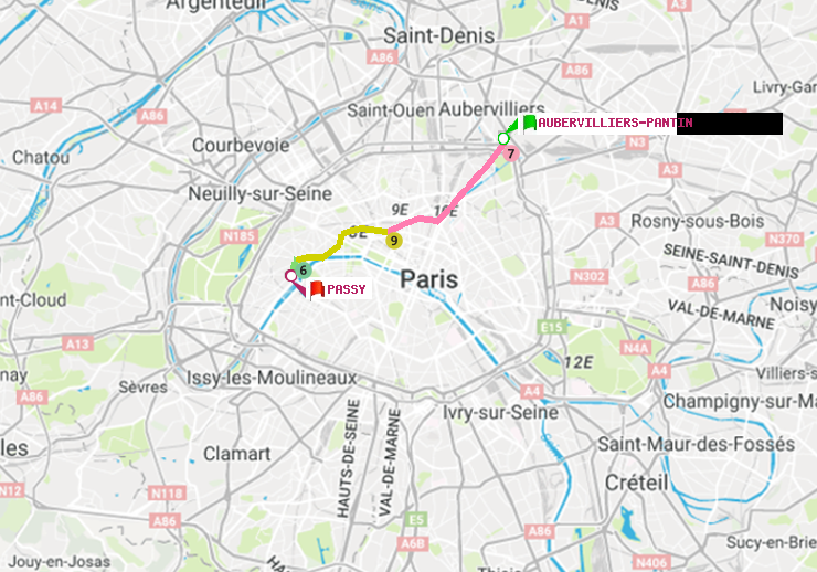 plan itinéraire ratp de Aubervilliers Pantin (4 Chemins) à Passy