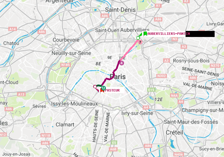 plan itinéraire ratp de Aubervilliers Pantin (4 Chemins) à Pasteur