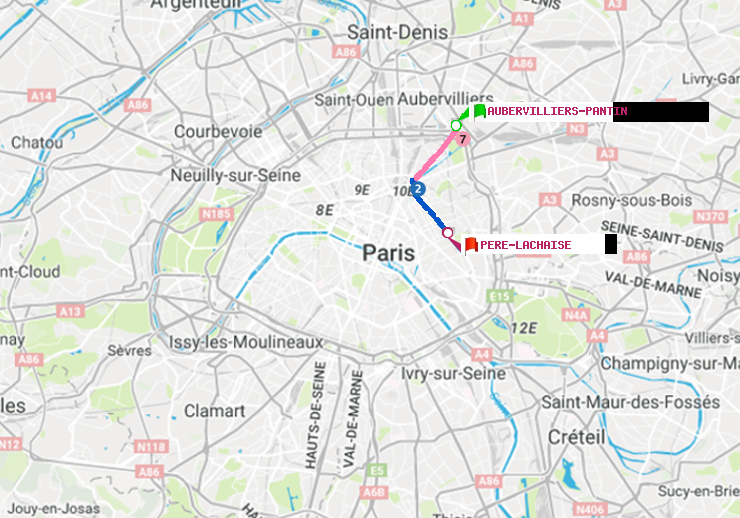 plan itinéraire ratp de Aubervilliers Pantin (4 Chemins) à Père-Lachaise