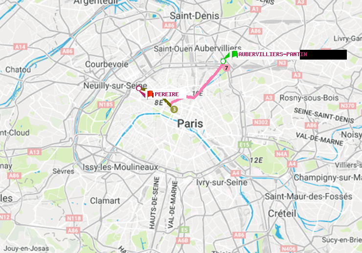plan itinéraire ratp de Aubervilliers Pantin (4 Chemins) à Péreire