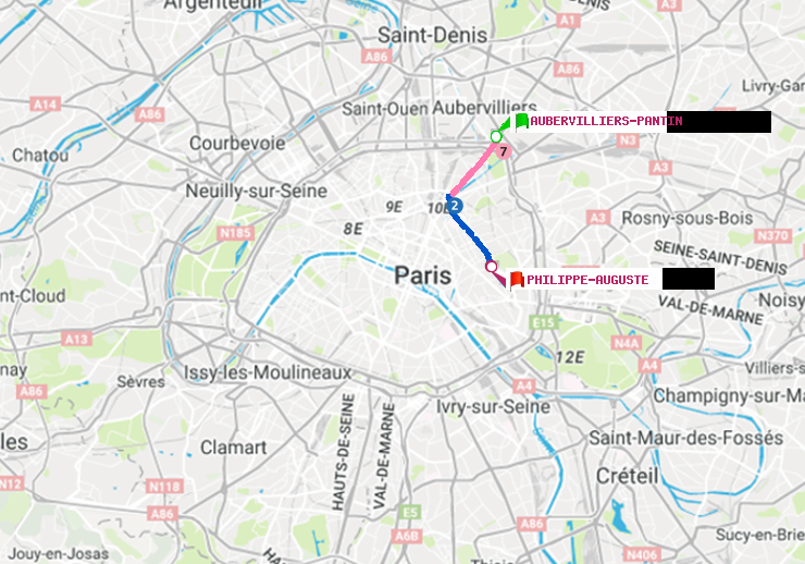 plan itinéraire ratp de Aubervilliers Pantin (4 Chemins) à Philippe Auguste