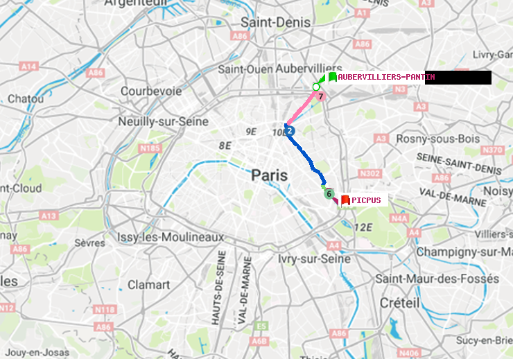 plan itinéraire ratp de Aubervilliers Pantin (4 Chemins) à Picpus