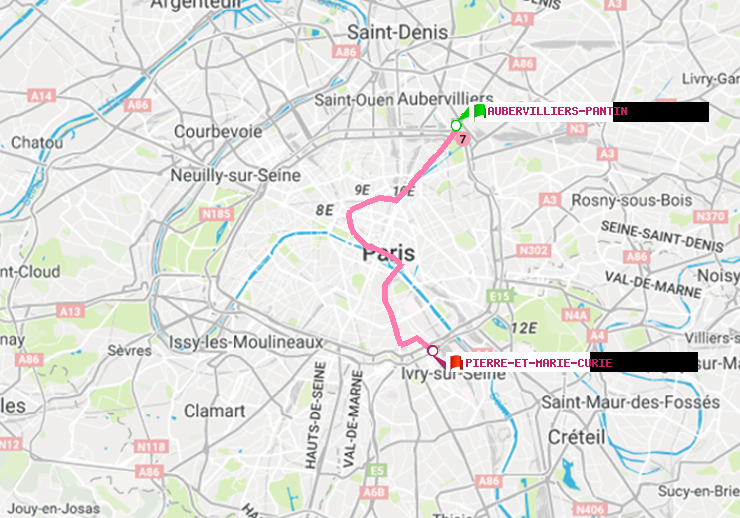 plan itinéraire ratp de Aubervilliers Pantin (4 Chemins) à Pierre et Marie Curie