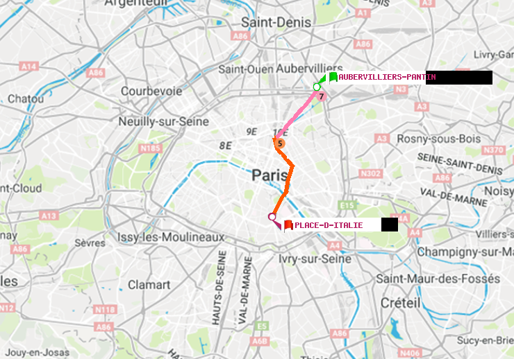 plan itinéraire ratp de Aubervilliers Pantin (4 Chemins) à Place d