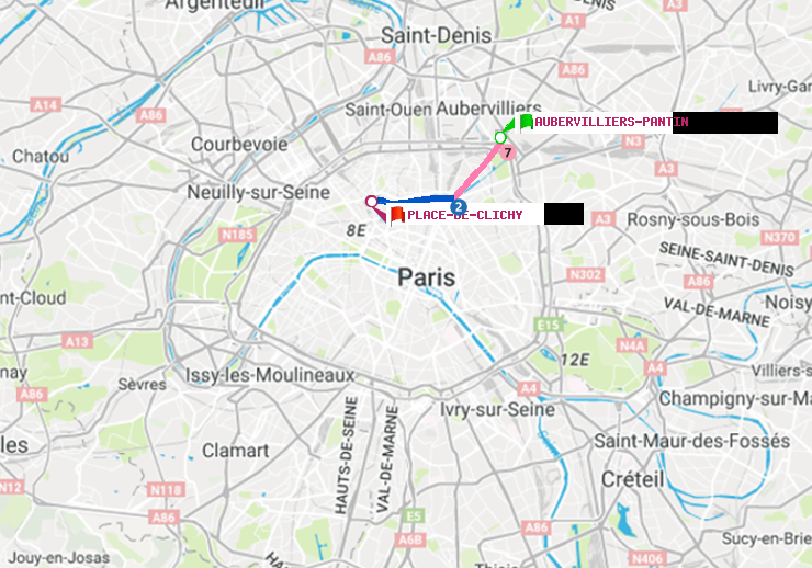 plan itinéraire ratp de Aubervilliers Pantin (4 Chemins) à Place de Clichy