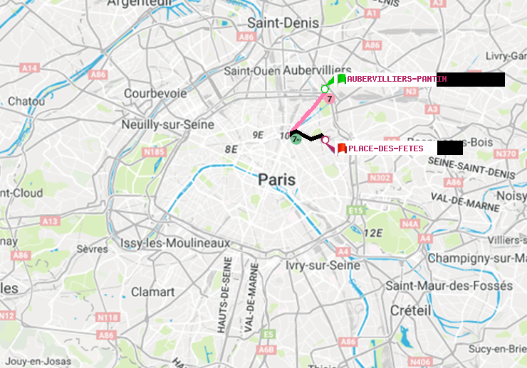 plan itinéraire ratp de Aubervilliers Pantin (4 Chemins) à Place des Fêtes