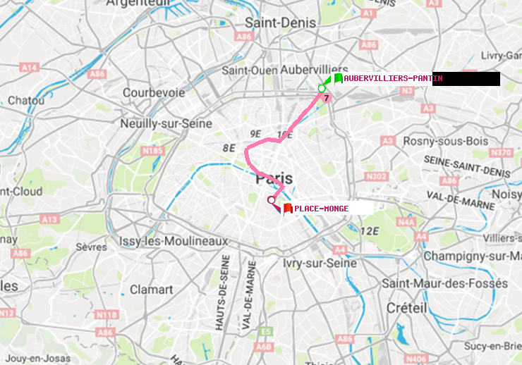plan itinéraire ratp de Aubervilliers Pantin (4 Chemins) à Place Monge (Jardin des Plantes)