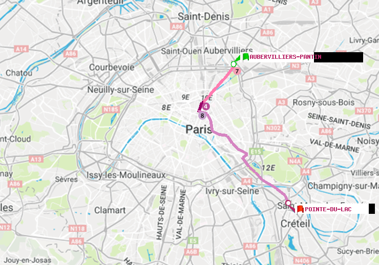 plan itinéraire ratp de Aubervilliers Pantin (4 Chemins) à Pointe du Lac