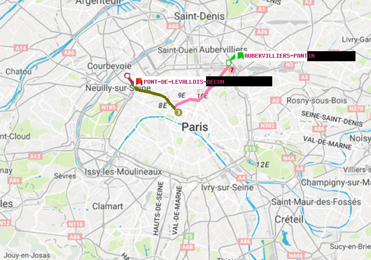 plan itinéraire ratp de Aubervilliers Pantin (4 Chemins) à Pont de Levallois-Bécon