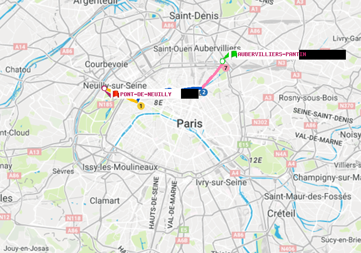 plan itinéraire ratp de Aubervilliers Pantin (4 Chemins) à Pont de Neuilly
