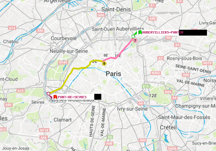 plan itinéraire ratp de Aubervilliers Pantin (4 Chemins) à Pont de Sèvres