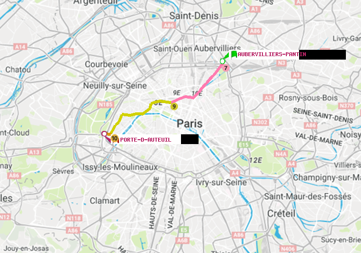 plan itinéraire ratp de Aubervilliers Pantin (4 Chemins) à Porte d