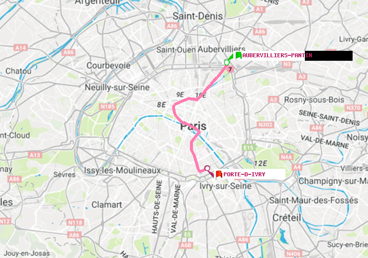 plan itinéraire ratp de Aubervilliers Pantin (4 Chemins) à Porte d