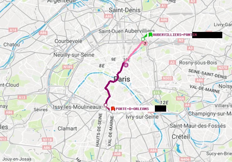 plan itinéraire ratp de Aubervilliers Pantin (4 Chemins) à Porte d