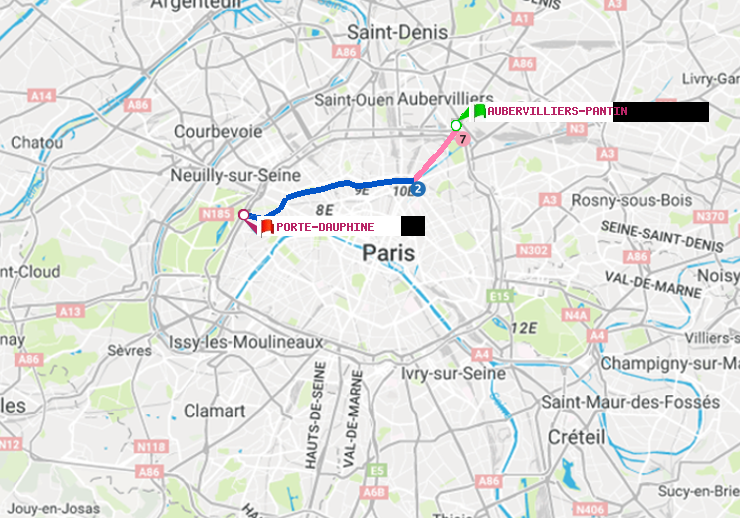 plan itinéraire ratp de Aubervilliers Pantin (4 Chemins) à Porte Dauphine (Maréchal de Lattre de Tassigny)