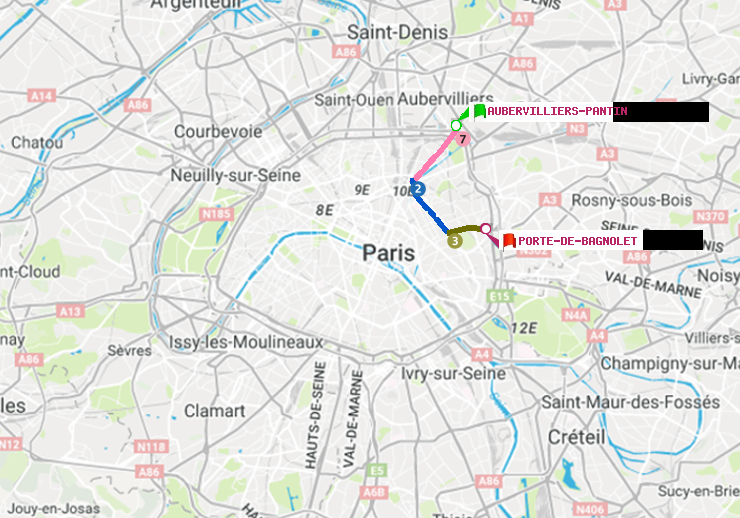 plan itinéraire ratp de Aubervilliers Pantin (4 Chemins) à Porte de Bagnolet