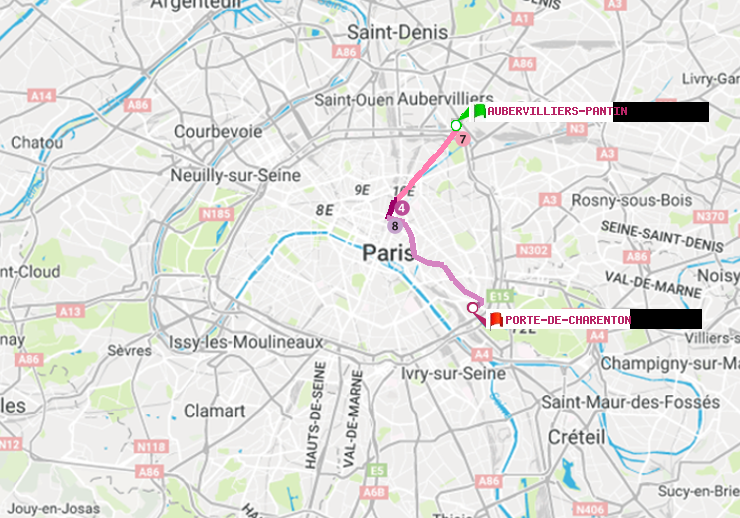 plan itinéraire ratp de Aubervilliers Pantin (4 Chemins) à Porte de Charenton