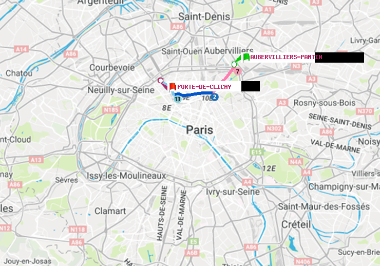 plan itinéraire ratp de Aubervilliers Pantin (4 Chemins) à Porte de Clichy