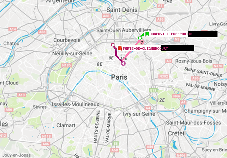 plan itinéraire ratp de Aubervilliers Pantin (4 Chemins) à Porte de Clignancourt