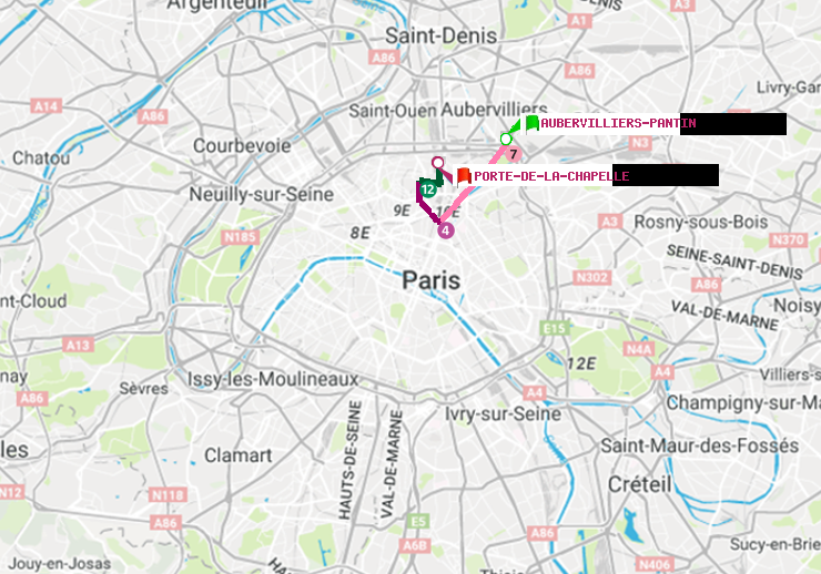 plan itinéraire ratp de Aubervilliers Pantin (4 Chemins) à Porte de la Chapelle
