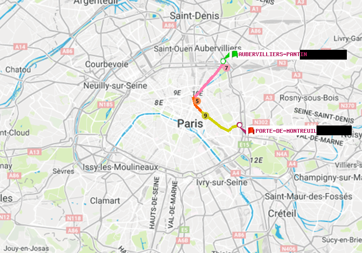 plan itinéraire ratp de Aubervilliers Pantin (4 Chemins) à Porte de Montreuil