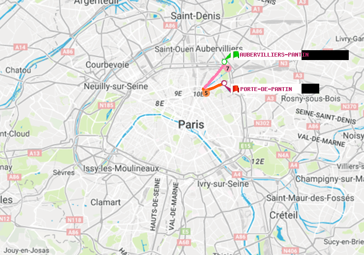 plan itinéraire ratp de Aubervilliers Pantin (4 Chemins) à Porte de Pantin