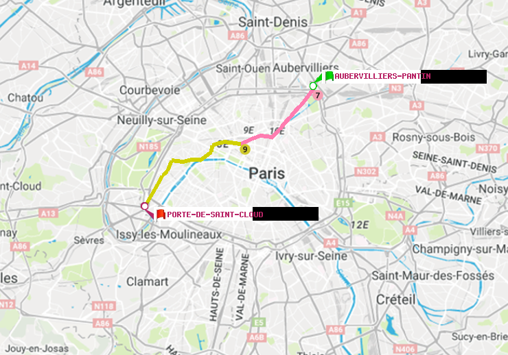 plan itinéraire ratp de Aubervilliers Pantin (4 Chemins) à Porte de Saint-Cloud