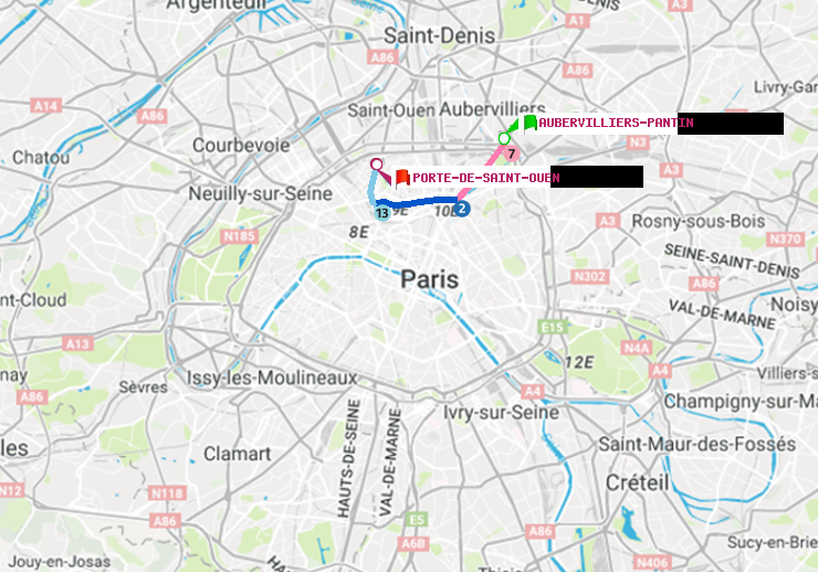 plan itinéraire ratp de Aubervilliers Pantin (4 Chemins) à Porte de Saint-Ouen