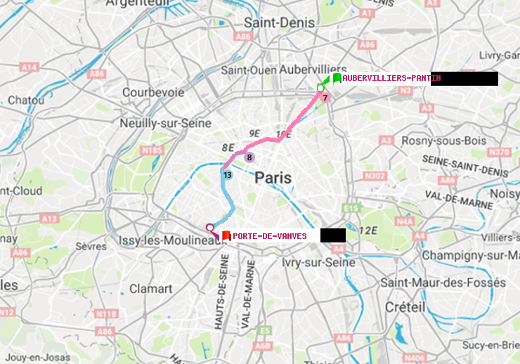 plan itinéraire ratp de Aubervilliers Pantin (4 Chemins) à Porte de Vanves