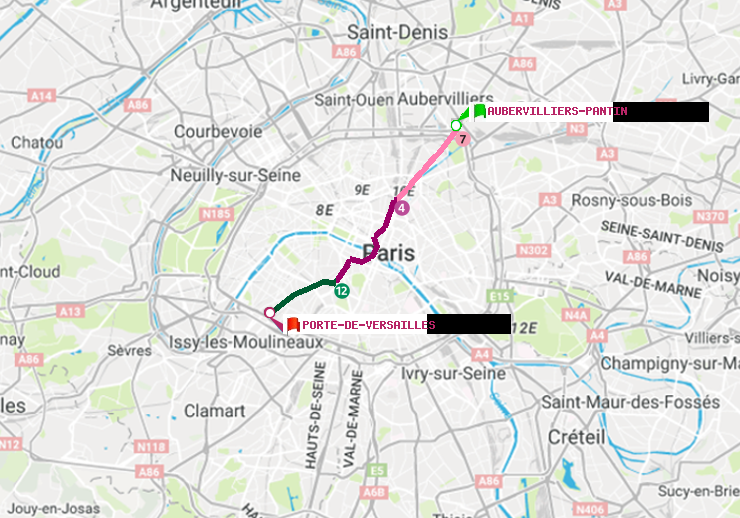 plan itinéraire ratp de Aubervilliers Pantin (4 Chemins) à Porte de Versailles