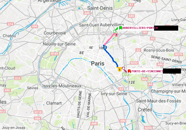 plan itinéraire ratp de Aubervilliers Pantin (4 Chemins) à Porte de Vincennes