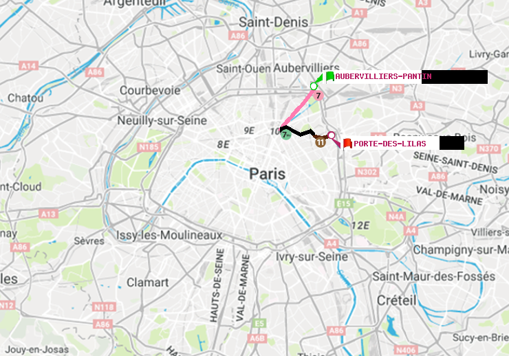 plan itinéraire ratp de Aubervilliers Pantin (4 Chemins) à Porte des Lilas