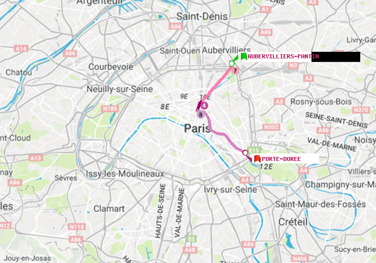plan itinéraire ratp de Aubervilliers Pantin (4 Chemins) à Porte Dorée